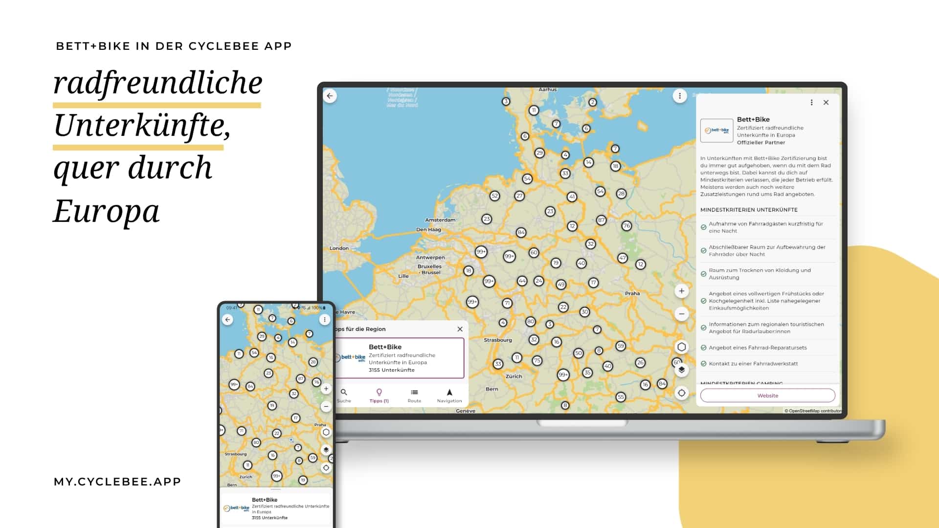 cyclebee-App: Radfreundliche Unterkünfte jetzt direkt entlang der Route finden